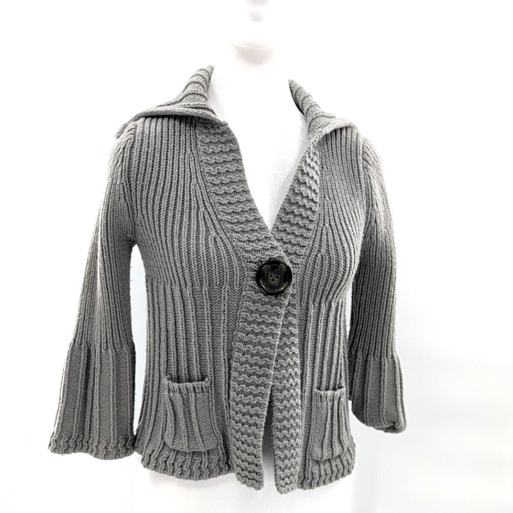 Y2K Gray Chunky Cable Knit Button Bell Sleeve Cardigan Pockets Collar Size Large